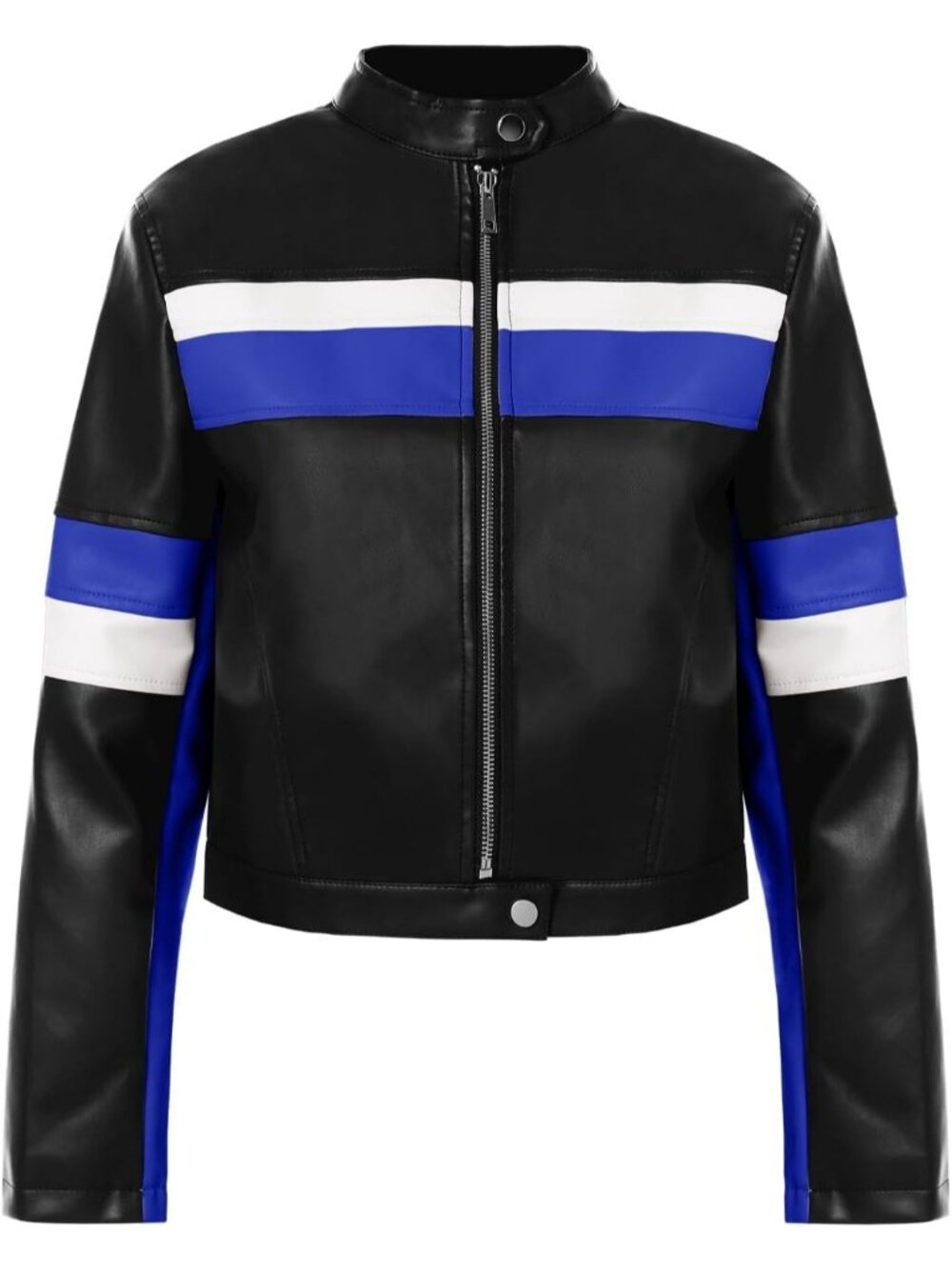 Women's Black Blue Polyester Faux Leather Color Vintage Racing Bomber Jacket - Picture 6 of 6